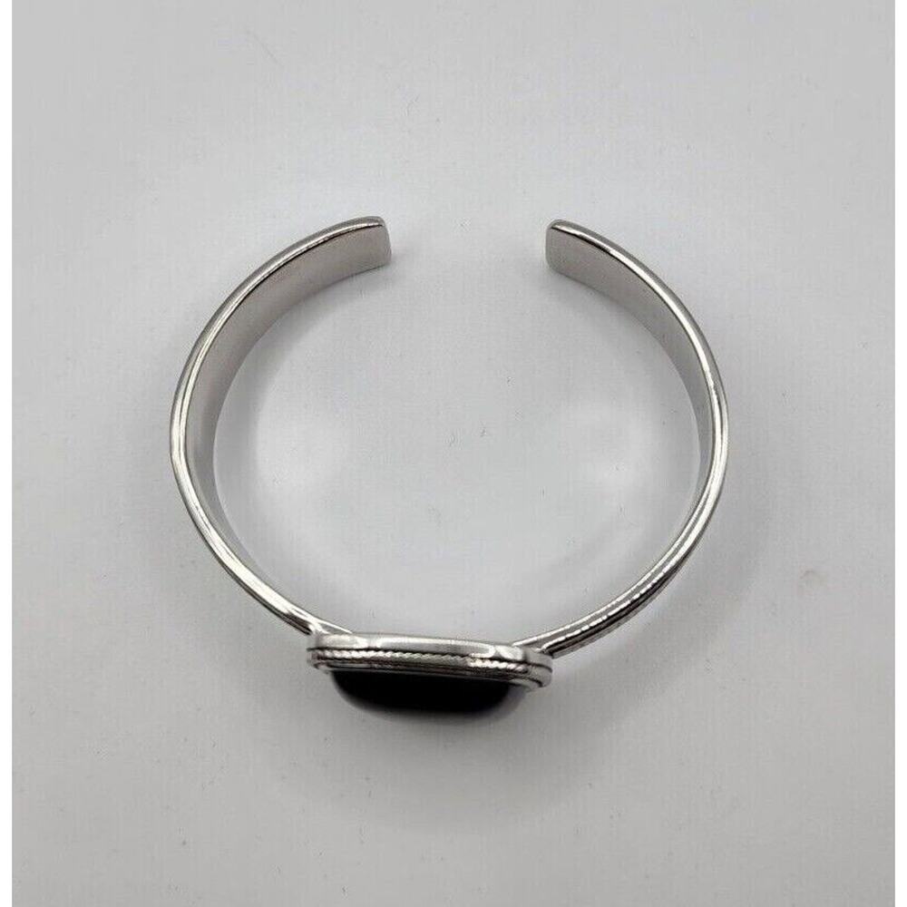 Sterling Silver, Rope-Edge, Bezel Set Black Chalcedony, Wide Cuff Bracelet 7" - Picture 7 of 11